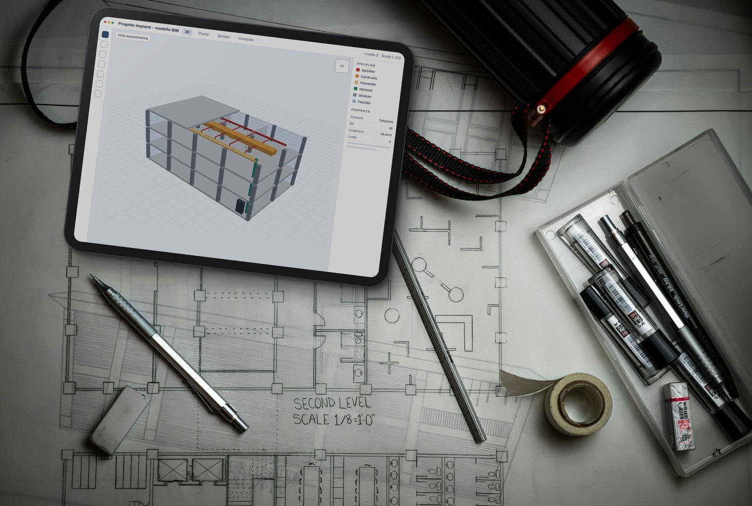 Planimetria, strumenti da disegno e tablet con il modello BIM degli impianti